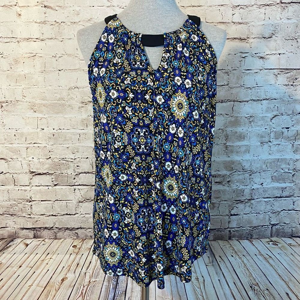 Chelsea & Theodore Womens Floral Blouse Top Halter Neck Stretch Blue Size Medium
